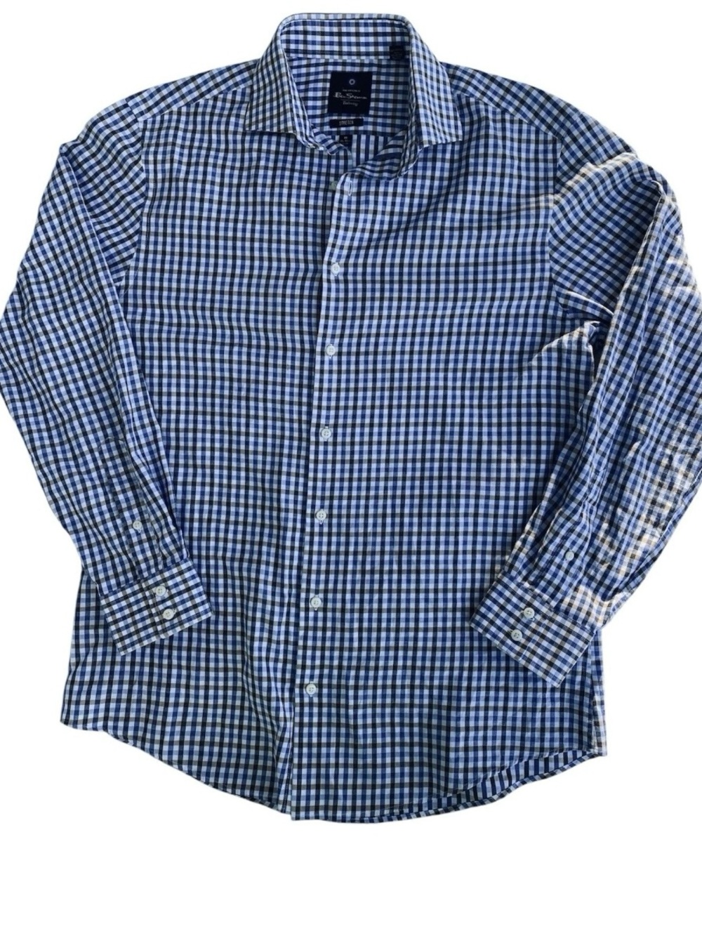 Ben Sherman men stretch cotton check shirt blue brown long sleeve Medium 15-15.5